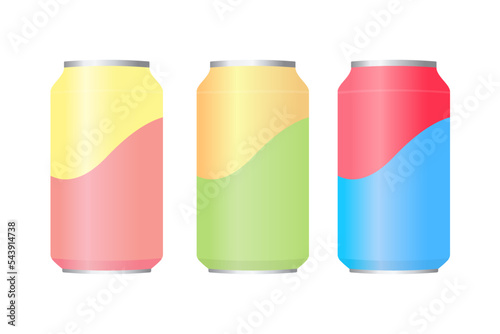 3D aluminum cans set. Aluminium cans design. Metallic tins. Vector illustration isolated on white background.