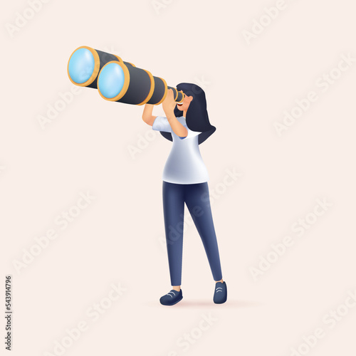 3D Happy woman holding huge spyglass and looking far ahead. 3D render Vector illustration for observation, discovery
