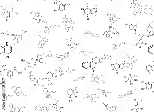 chemical formulas. scientific  educational background on white. hand drawn..