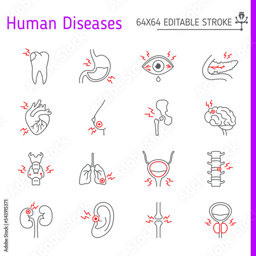 Human diseases line icon set, body pain vector collection, logo illustrations, disease vector icons, outline style pictogram pack, editable stroke icons.