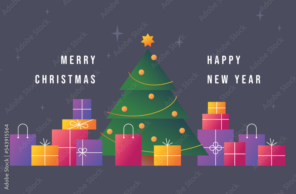 Fototapeta premium Merry Christmas with colorful gift boxes and Christmas tree. New Year symbol. Winter holiday design. Vector illustration.
