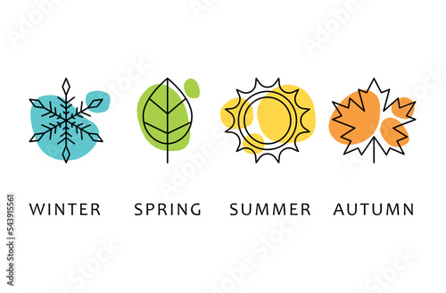 Four seasons icons, signs, symbols. Winter spring summer fall. Snowflake, leaf, sun, autumn leaf. Line art photo