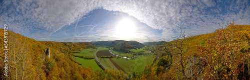 Herbst im Wiesenttal mit Blick vom Fels Klararuh auf die Burgruine Neideck Panorama, Fränkische Schweiz photo