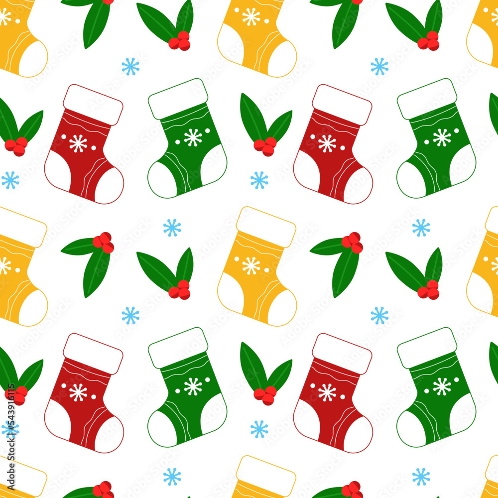 Christmas stocking, snowflakes and plant elements. Seamless patterns ...
