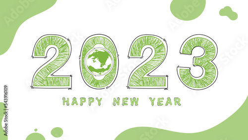 2023 New year with Eco friend Sustainability planning concept with globe and World environmental with green doodle icons drawing on white background, Vector illustration