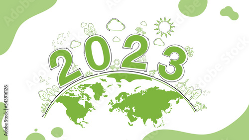 2023 New year, Eco friendly, Sustainability planning concept with globe and World environmental green doodle icons drawing set on white background ,Vector illustration