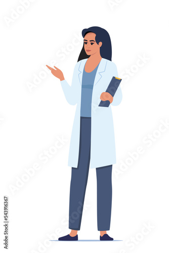 Doctor in medical uniform pointing and showing something with hand. Medicine worker woman explaining and presenting something. Vector flat illustration.