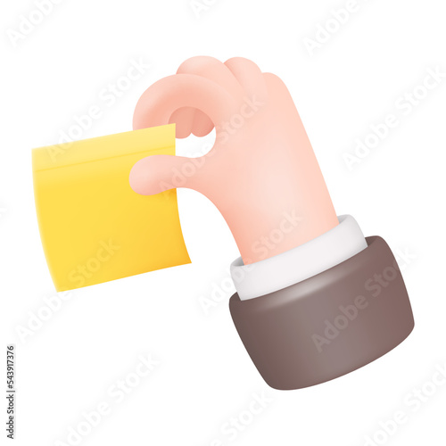 3D Hand Holding Yellow Sticky Note. Paper Sticker in Businessman Arm. Vector Illustration Isolated on White Background