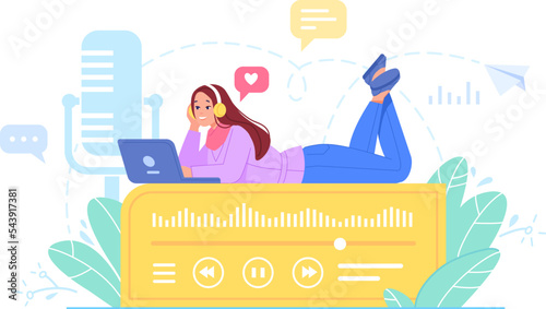 Podcast listener concept. Woman in headphones listen microphone record of audio podcasting or radio hosting, listening music voice business web training online, vector illustration