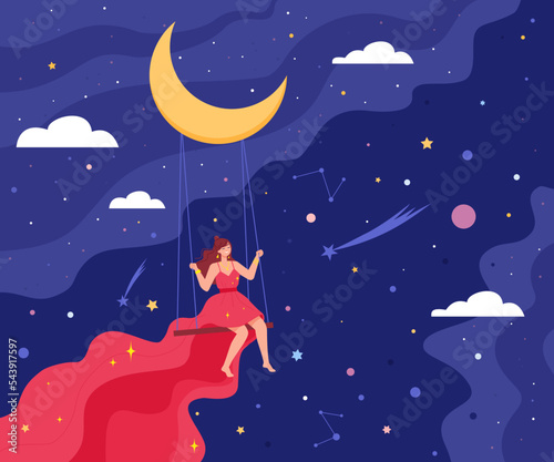 Woman on moon swing. Girl imagine journey in sleep dream, swinging lonely dreamer surreal space flying of beautiful princess bedtime or midnight fairy night vector illustration