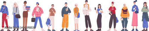 Group college pupils. Diverse students or university classmates, traditional school girl and boy young study people campus teenagers international youth recent vector illustration