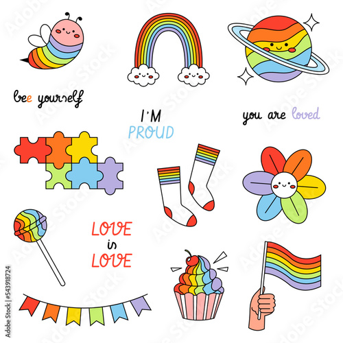 LGBT elements set. Rainbow flag, cake, planet, cute bee and phrases. Pride month badges. Flat vector illustrations isolated on white background
