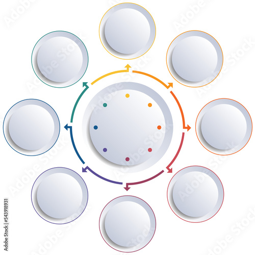 Infographics, circles and arrows arranged in a circle, 8 positions, isolated