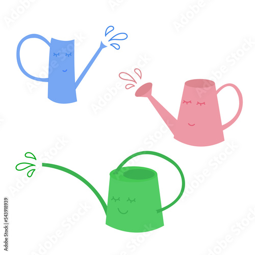 Set of multi-colored watering cans. Trendy home decor