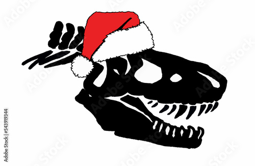 Graphical  silhouette of dinosaur skull  in Santa Claus red hat isolated on white background,vector Christmas element