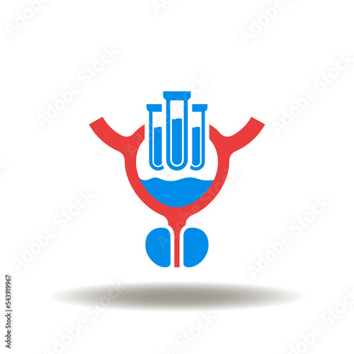 Vector illustration of male repproductive system and prostate gland with lab samples. Icon of PSA Prostate Specific Antigen Test. Symbol of prostate cancer, prostatitis lab testing.