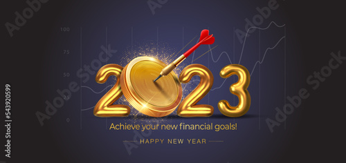 Financial goal and target concept for 2023 new year. Golden coin money bitcoin with 2023 number and dart arrow background.