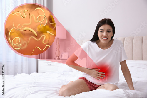 Parasites under microscope and woman suffering from helminthiasis