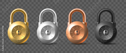 Realistic padlock. Different metal colors door locks, golden steel, bronze and black, 3d isolated elements, open and close. Confidentiality and security concept, utter vector keyholes set