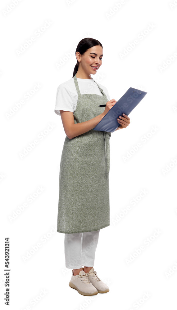 Young woman in light green apron with clipboard on white background Young woman in light green apron with clipboard on white background