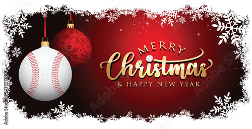 Baseball Christmas Balls - Snow frame - Horisontal Greeting Card - Red Background - Happy New Year