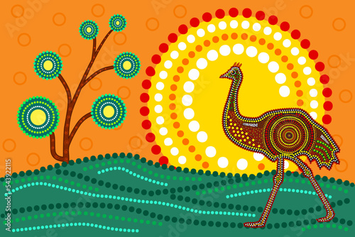 Landscape with ostrich in decorative ethnic style. Australia aboriginal traditional culture art style of dot. Scenery with emu, tree, sun, sky and grass.Aboriginal tribal art craft.Vector illustration