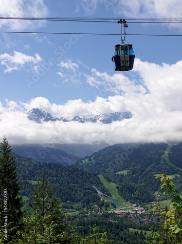 Cable car above the photo with a view of Garmisch-Partenkirchen.