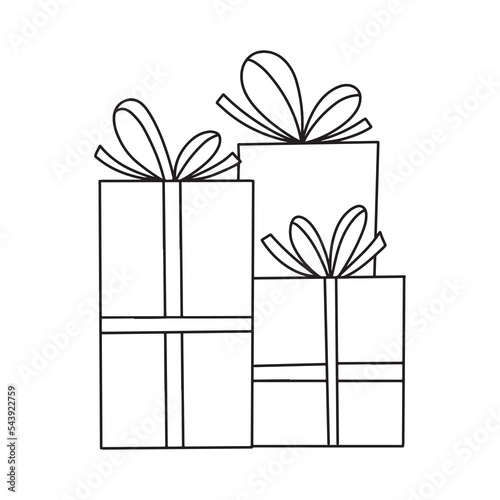 3 presents stacked in a Pile, different gift boxes, decorated with wrapping paper, ribbon, bows. Three gifts for holiday, birthday. Hand drawn outline doodle, simple vector illustration isolated on