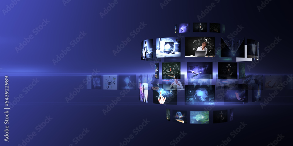 Blogging and streaming concept with many digital life style screens on abstract blue background - obrazy, fototapety, plakaty 