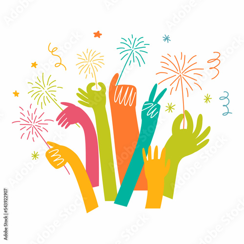 Vector illustration of multiple hands holding a Bengali firework hand-drawn in doodle style. Happy New Year.
