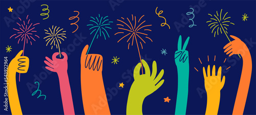 Vector illustration of multiple hands holding a Bengali firework hand-drawn in doodle style. Happy New Year.