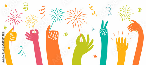 Vector illustration of multiple hands holding a Bengali firework hand-drawn in doodle style. Happy New Year.