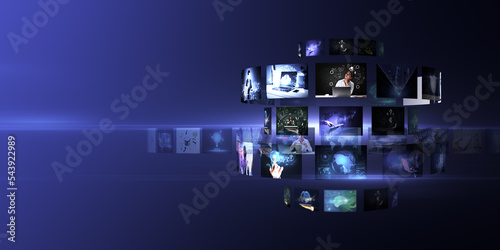 Blogging and streaming concept with many digital life style screens on abstract blue background