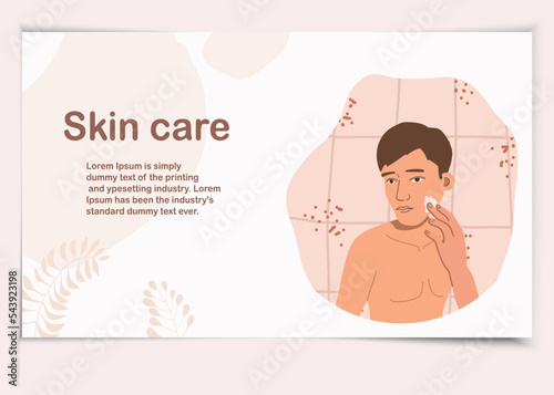 Routine skin care. Happy
a handsome man, cartoon, character, is engaged in daily facial hygiene using cosmetology skin care products.