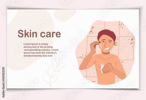 Routine skin care. Happy
a handsome man, cartoon, character, is engaged in daily facial hygiene using cosmetology skin care products.