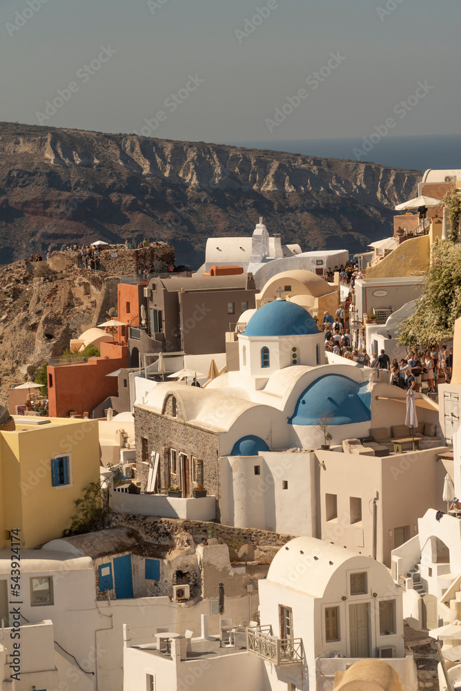 Oia, Santorini, Greece. 2022. Landscape view of the historic town of Oia on Santorini in the cyclades islands