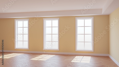 Sunny Interior of the Beige Room with Three Large Windows  Light Glossy Herringbone Parquet Floor and a white Plinth. Beautiful Concept of the Empty Room. 3D rendering  Ultra HD 8K  7680x4320  300 dpi