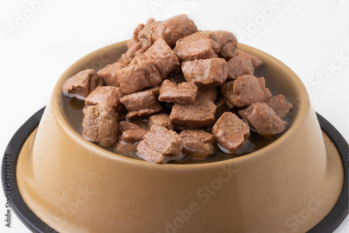 Fresh nutritive dog meat in bowl.