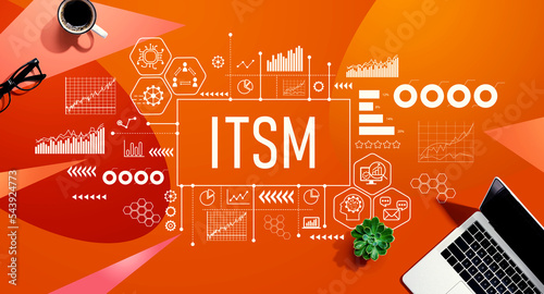 ITSM - Information Technology Service Management theme with a laptop computer on a orange pattern background photo