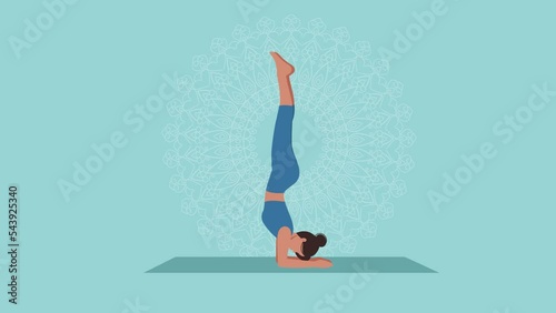 A woman performs a stand on her elbows on a blue background with a rotating mandala. Animation yoga asanas for your business.