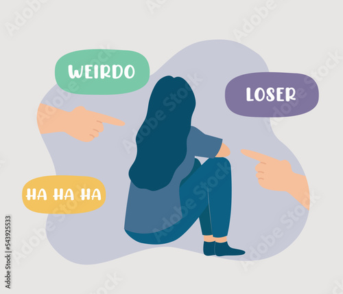 Lonely girl suffers from bullying, scorn and contempt. Teenage female feels stress, anxiety and depression because of her classmates. Stop violence, abuse and cyberbullying against children. 