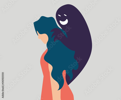 Darkness or evil whispering to a woman with dissociative identity disorder. Girl with Schizophrenia symptoms looks scared tries to hide her face. Concept of Split Personality or mental health disorder
