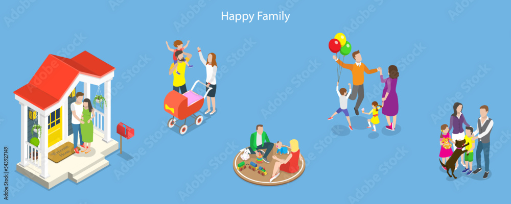 3D Isometric Flat Vector Conceptual Illustration of Happy Family Set, Playing and Enjoying Time Together