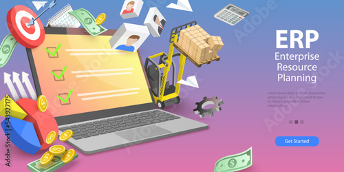 3D Vector Conceptual Illustration of ERP - Enterprise Resource Planning, Inventory Management and Supply Chain