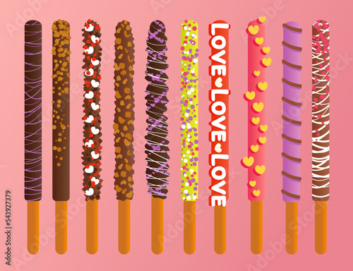 Happy pepero day set. Assorted chocolate dipped pepero sticks. Biscuits with different flavors, colors and toppings. Vector illustration isolated on pink background 