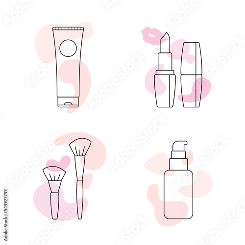 Set cosmetics for make-up. Fashionable makeup accessories lipstick, blush and eyeshadow brushes, cream base and foundation for an even skin tone. Vector thin line illustration. Women's style