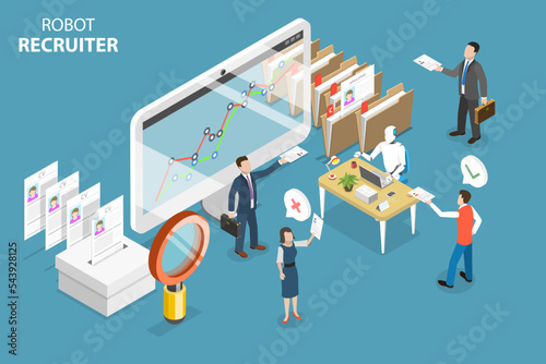 3D Isometric Flat Vector Conceptual Illustration of Robot HR Manager, Human Resource Automation