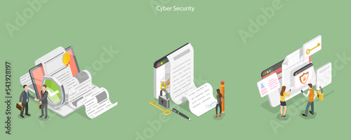 3D Isometric Flat Vector Conceptual Illustration of Cyber Security, Digital User Agreement Signing