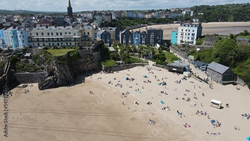 Tenby North Wales UK beach harbour drone aerial view . photo