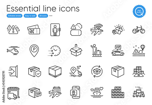 Delivery, Airplane wifi and Warning line icons. Collection of Delivery truck, Honeymoon cruise, Send box icons. Helicopter, Inventory, Vip transfer web elements. Exit, Bicycle, Gift. Vector